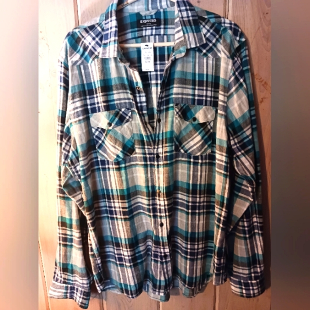 Express Blue Plaid Flannel Mens Shirt Size XL Snap Closures  NWT